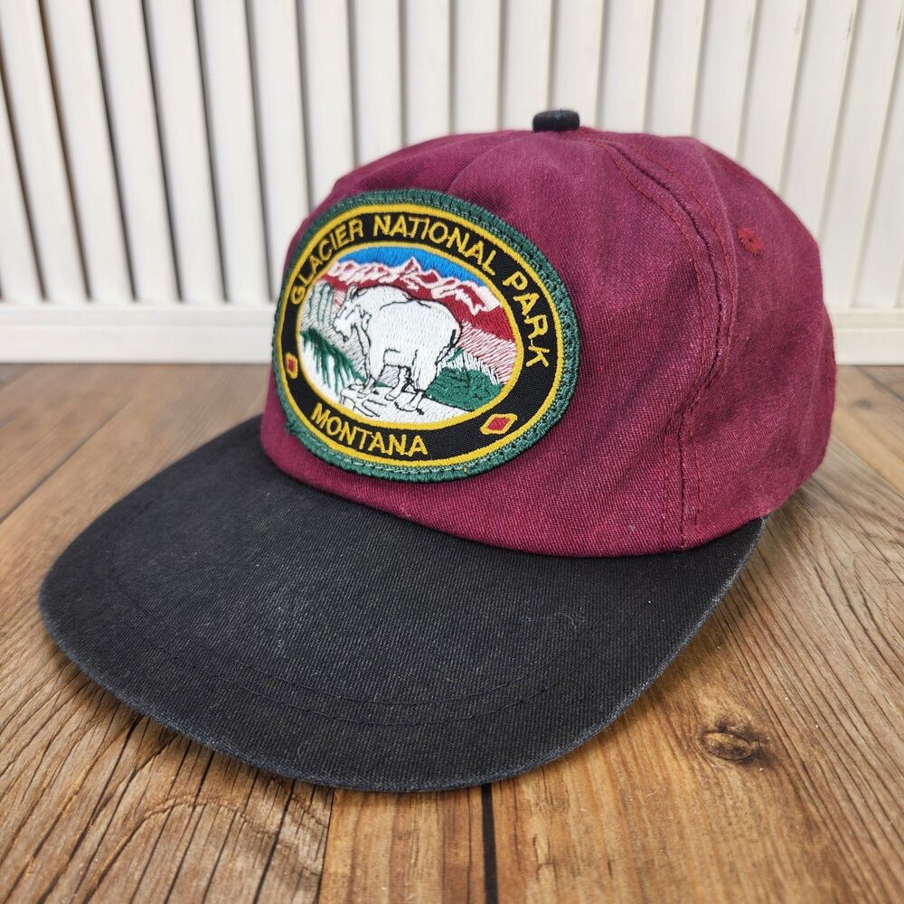 VTG Glacier National Park Montana K-Products Hat Maroon Black Patch Strapback